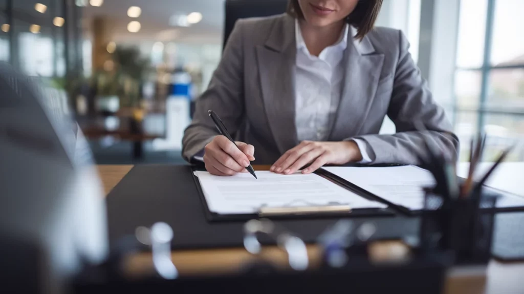 Woman signing a statement.